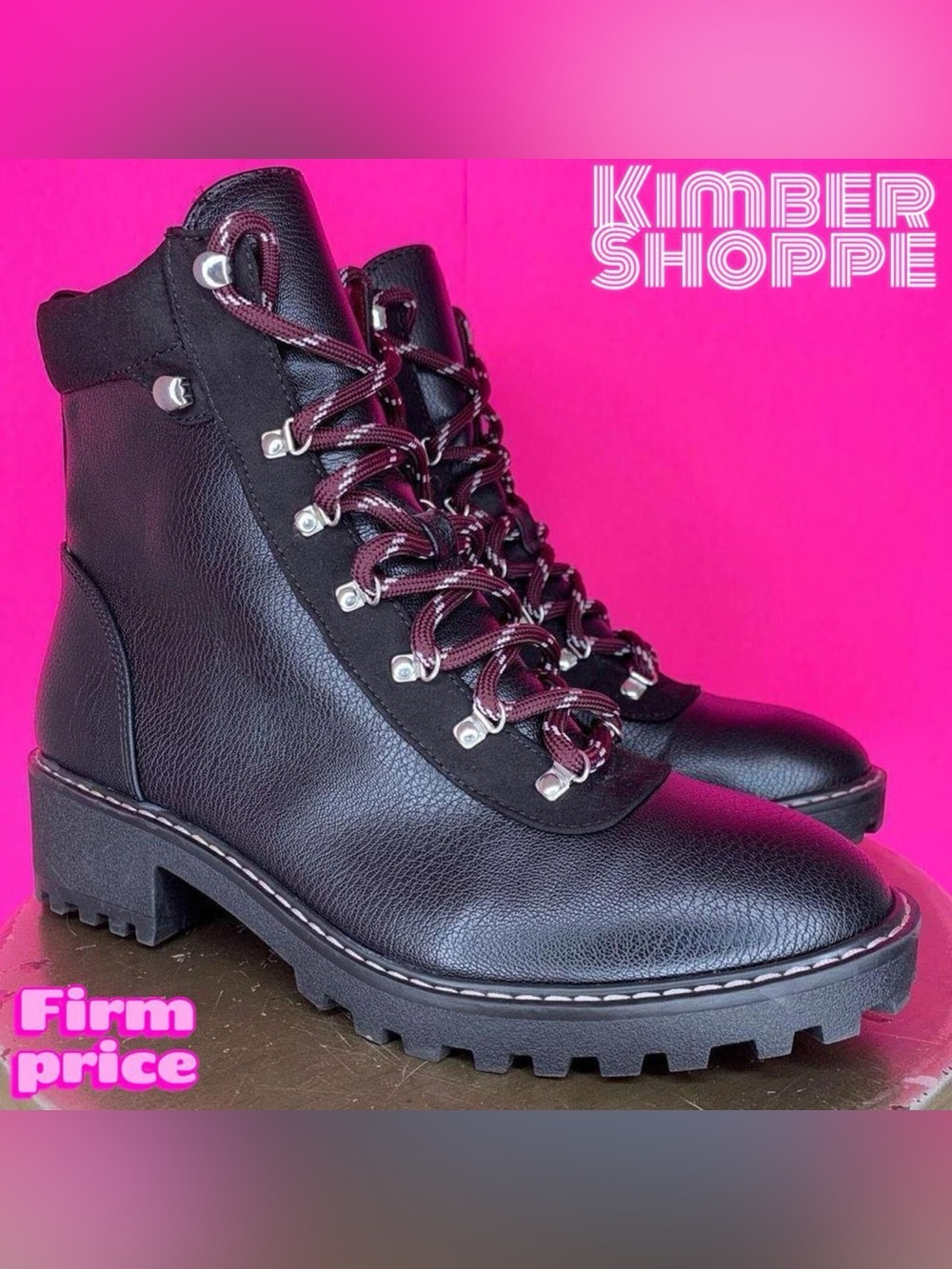 H&M Black Faux Leather Hiking Lace-Up Cushion Collar Lug Sole Boots US 8